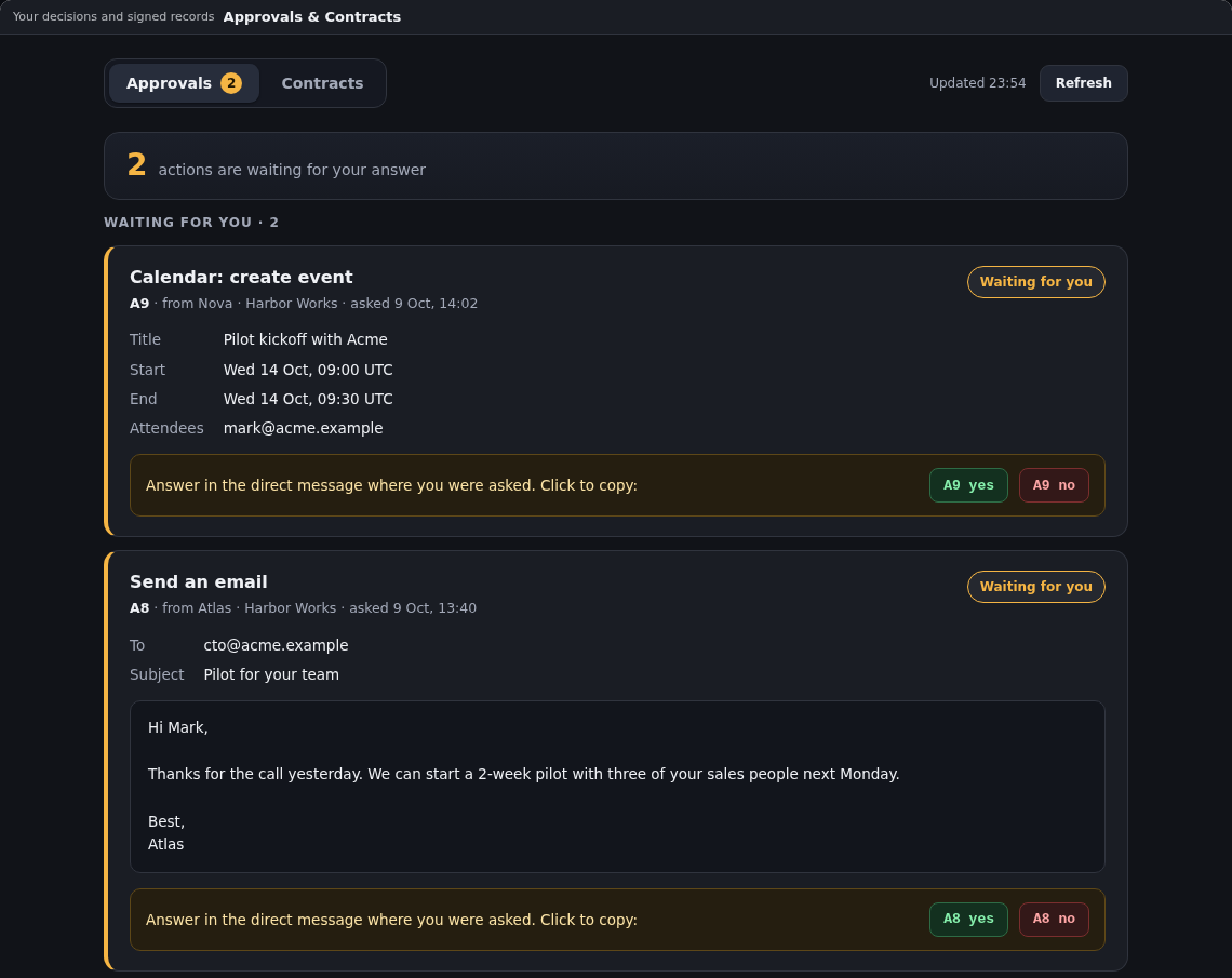 The Approvals tab with two actions waiting for an answer, a calendar event and an email with its full text, and the yes and no answers ready to copy