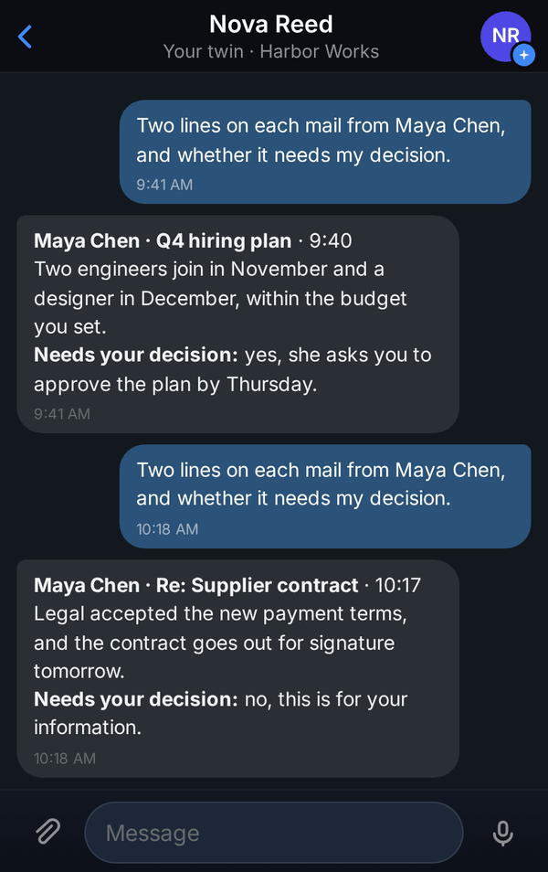 Two short notes on a phone, one for each mail from a colleague, each saying whether it needs a decision