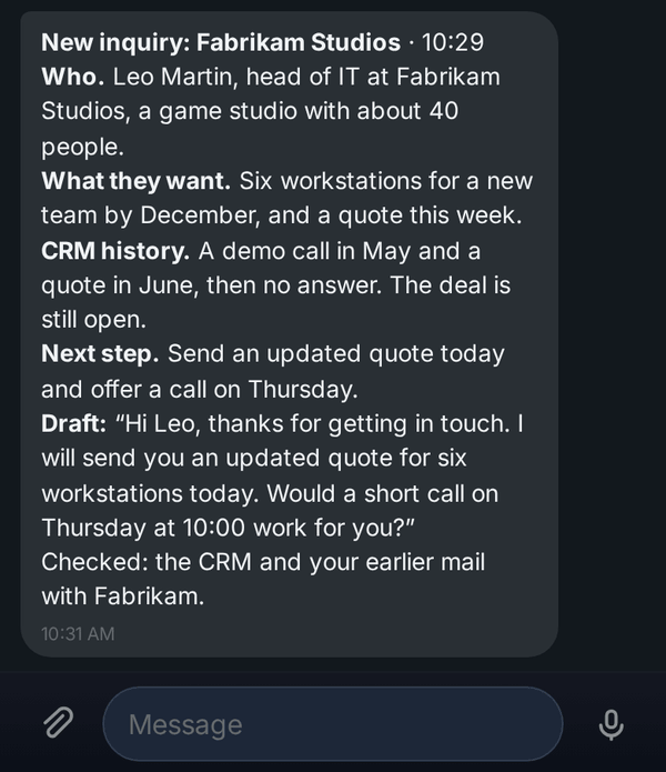 A brief on a new sales inquiry on a phone: who wrote, what they want, the history in the CRM and the next step with a short draft