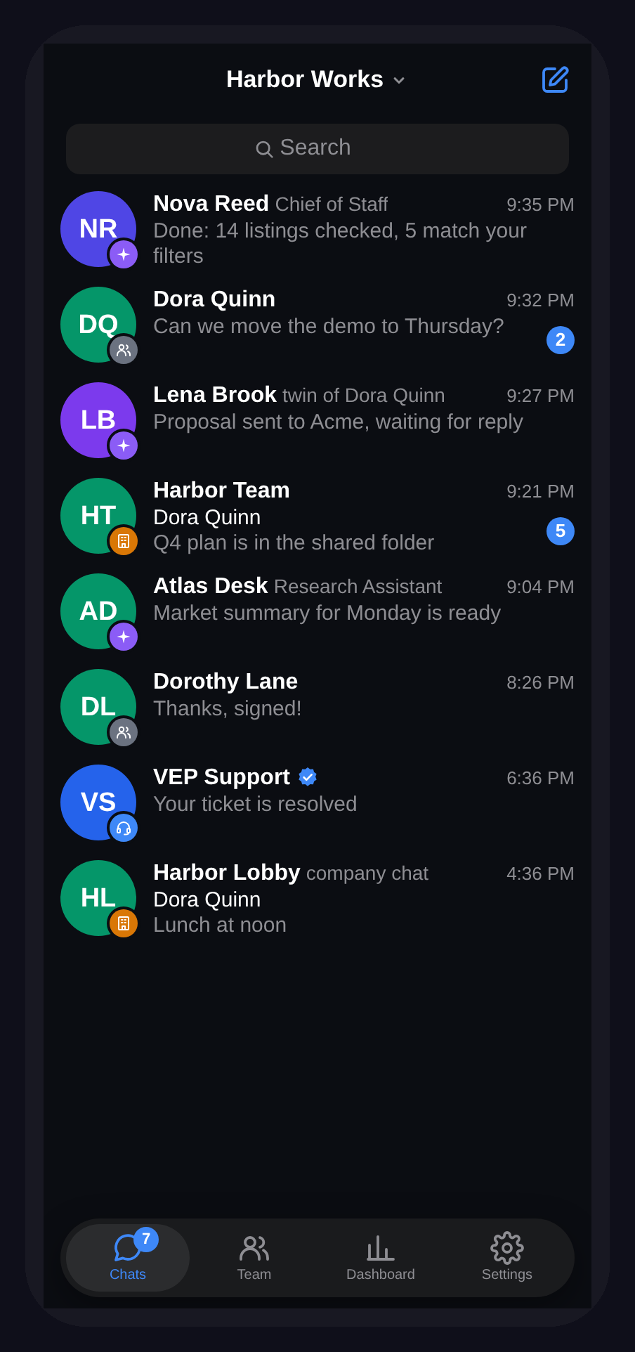 The VEP chats list on a phone: AI employees, people, a team chat and support, newest first, with unread counters and a bottom bar