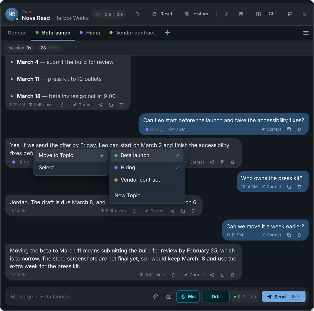 Right-click menu on a message in the Boss Chat panel: Move to Topic opens a checklist with Beta launch and Hiring ticked, Vendor contract not ticked, and New Topic below a separator, next to Select.