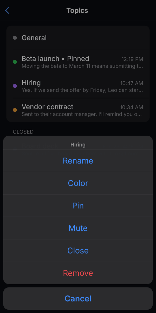 Touch and hold on the Hiring topic opens a sheet with Rename, Color, Pin, Mute, Close, Remove and Cancel.