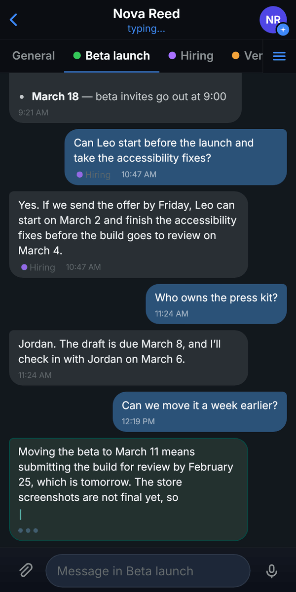 VEP Boss Chat on a phone with the Beta launch topic open: a tab row with General, Beta launch, Hiring and Vendor contract, and the AI twin typing its answer to “Can we move it a week earlier?” about the beta launch