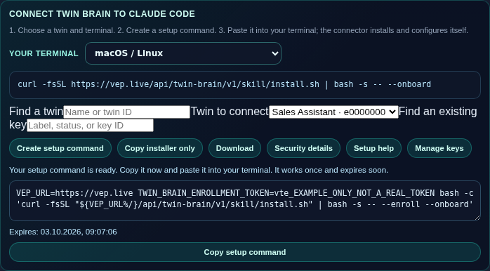 The connector card with a twin selected and a ready setup command